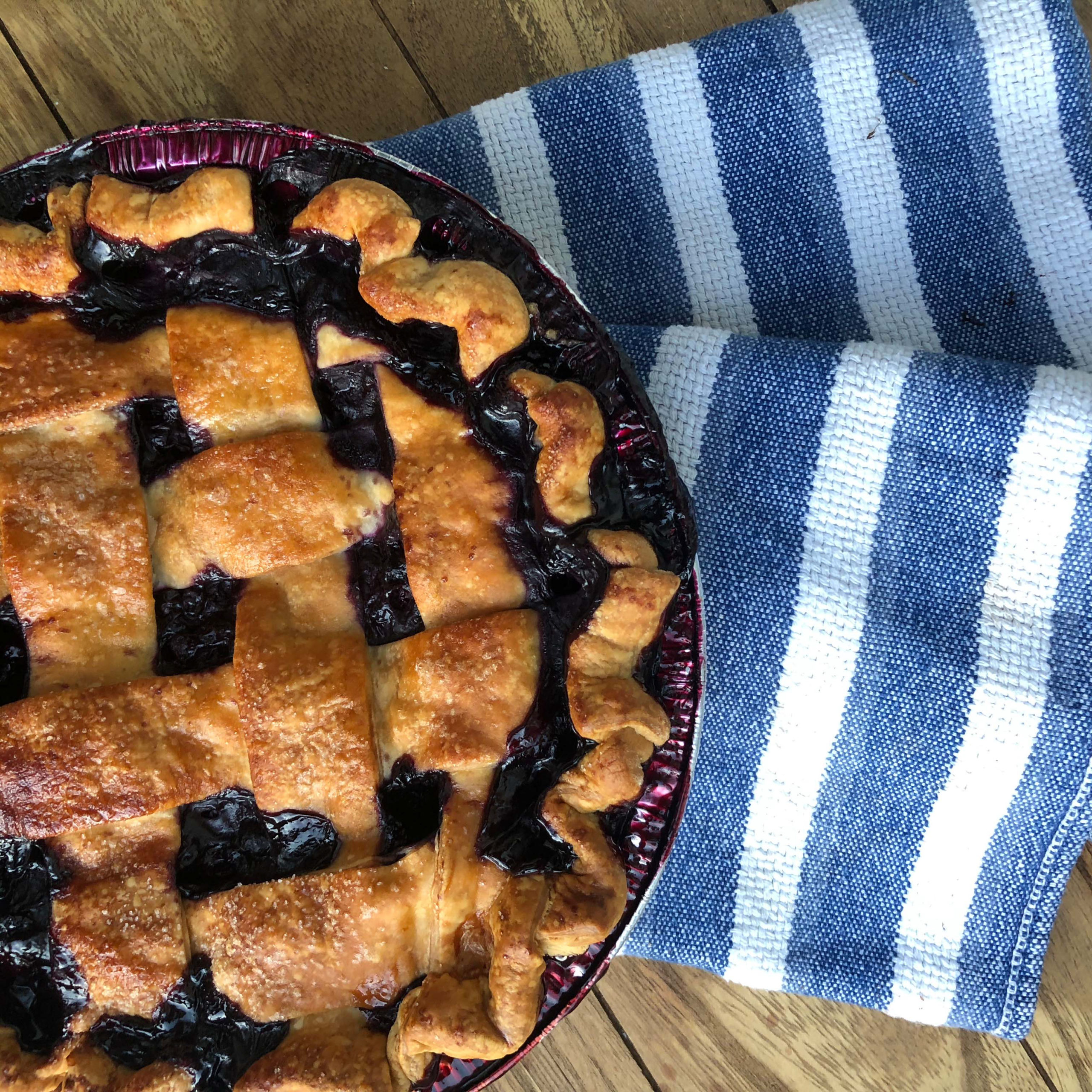 Blueberry Pie on Striped Dishtowel
