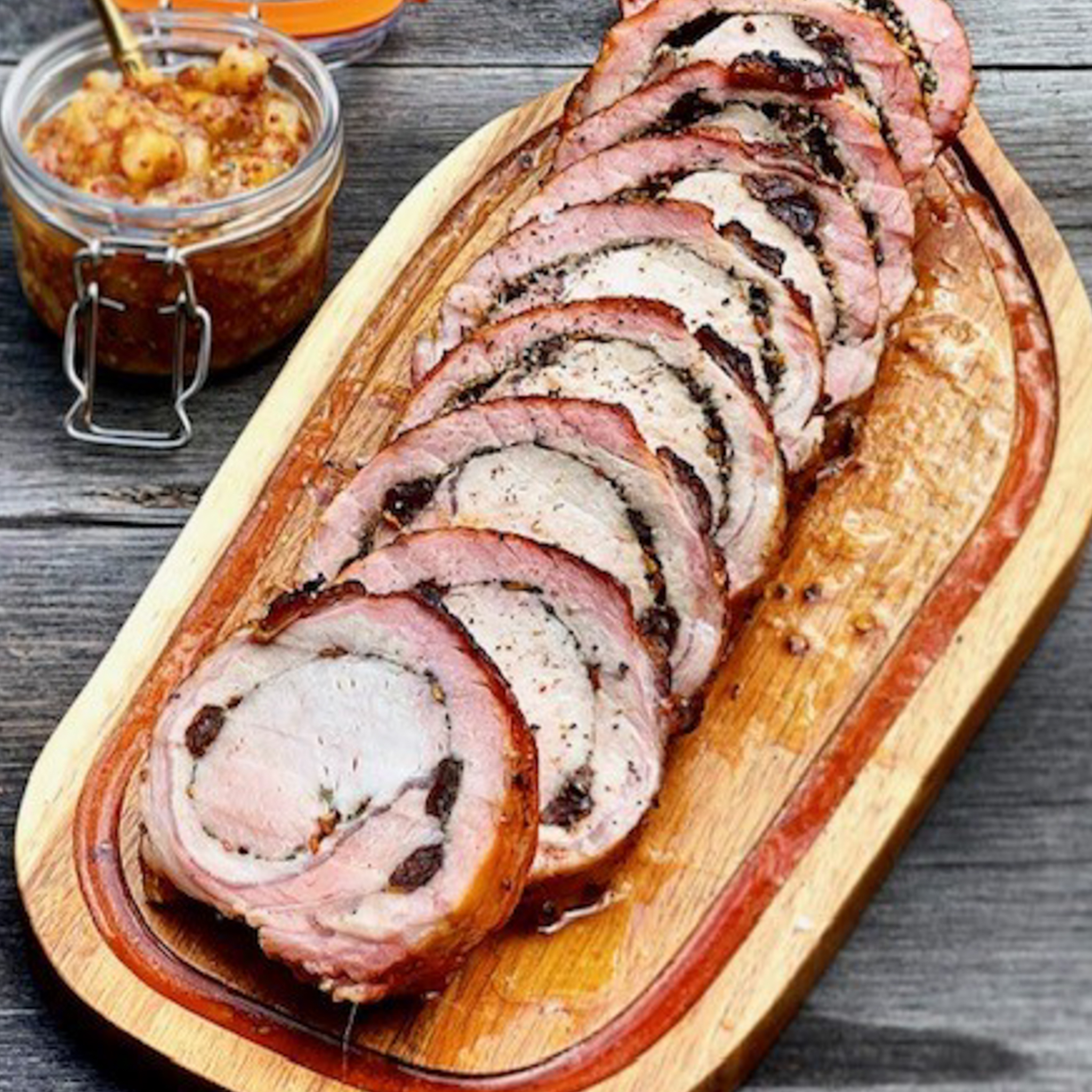 Maple Glazed Local Pork Loin Roulade Pear & Ginger Mostarda