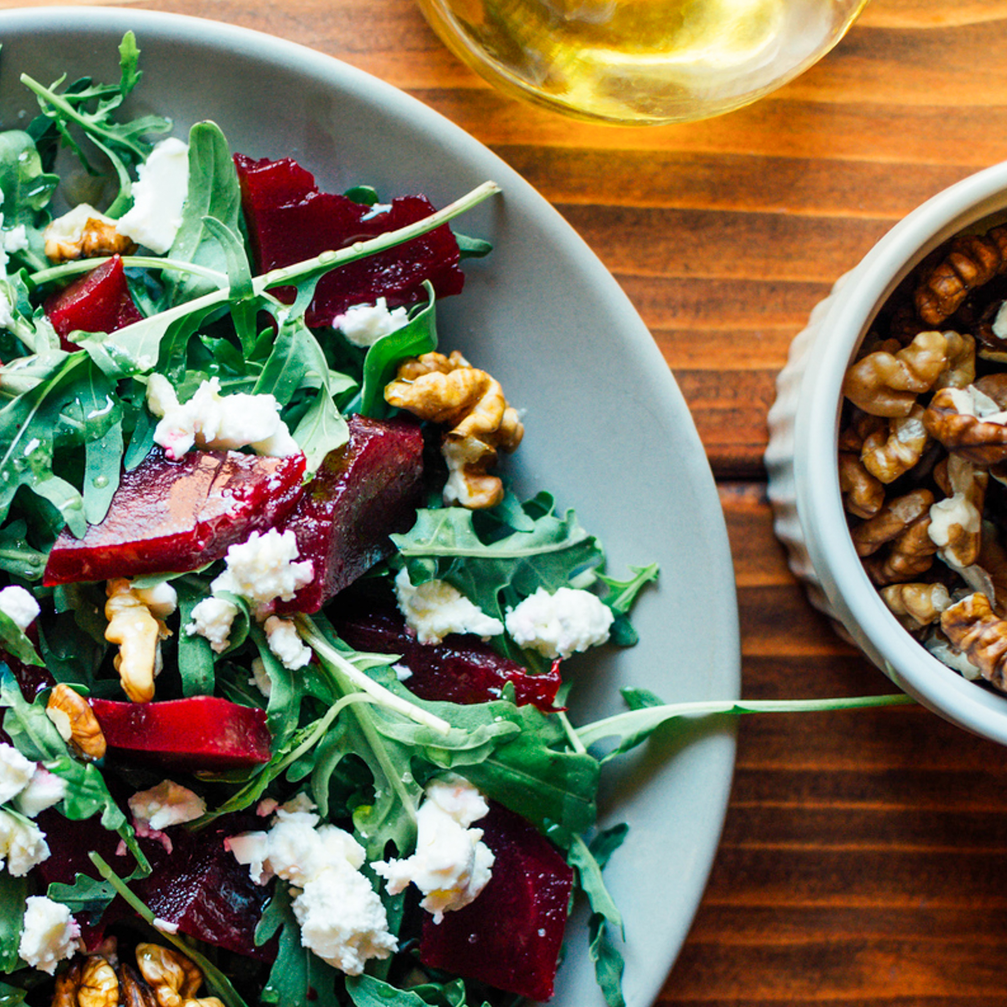 Roasted Maine Beet Salad with Local Chèvre, Candied Walnuts & Pickled Spring Onions