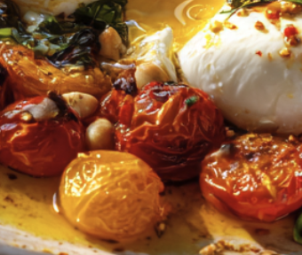 Charred Corn & Blistered Tomato Burrata with Chili-Honey